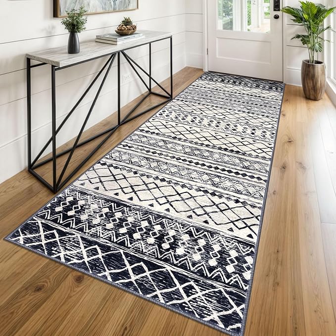 KUTA Moroccan Kitchen Rugs 3x8, Non-Slip Vintage Black Navy Blue Boho Hallway