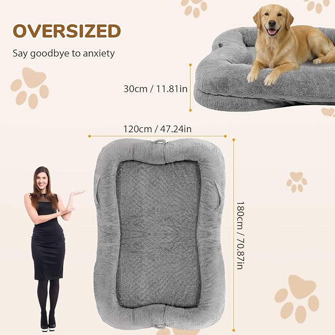 Human Dog Bed, 71 x 47 x 12 in Washable Extra Large Dog Bed for People, Giant DogBed with Storage Pockets, Silver