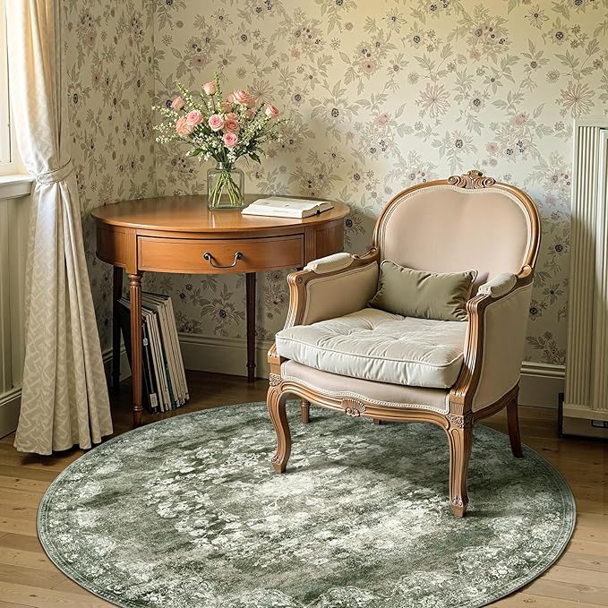 jinchan Round Rug 5ft Area Rug - Green Vintage Floor Mat Kitchen Indoor - Washable Circle 5' Thin Floral Print Carpet Retro Farmhouse Non Slip Dining Room Living Room Bedroom Office