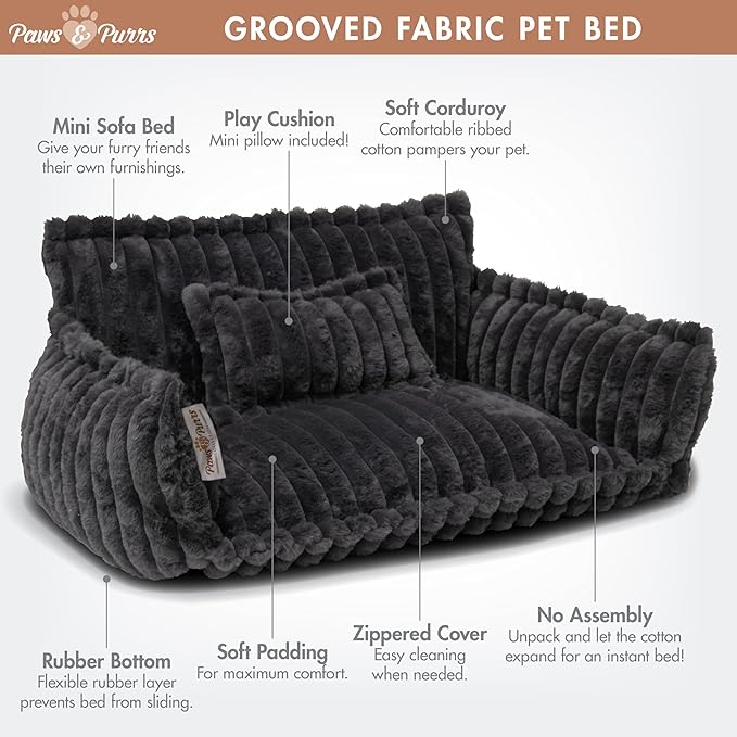Grooved Pet Bed for Small to Medium Dogs or Cats, Soft Ribbed Corduroy-Style Polyester Fabric, Supportive Bolsters, Removable Cover, Non-Slip Base, Sofa Pet Lounger with Mini Play Cushion, Dark Gray