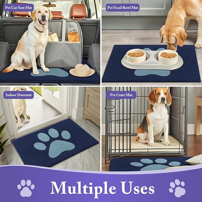 Buganda Dog Door Mat for Muddy Paws, Absorbent Dirt Trapper Washable Indoor Doormats, Non Slip Low-Profile Mud Mat for Dogs, Front Entrance Doormat for Inside Floor (30x20 Inches, Dark Blue)