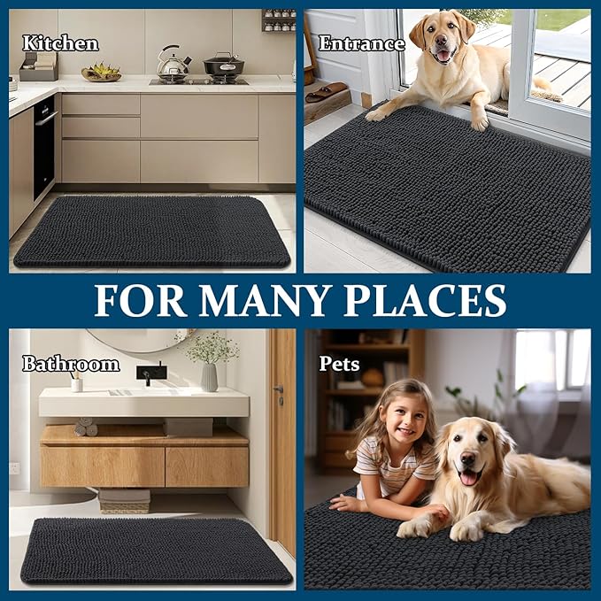OLANLY Dog Door Mat for Muddy Paws 24x16, Absorbs Moisture and Dirt, Absorbent Non-Slip Washable Doormat, Quick Dry Chenille Mud Mat for Dogs, Entry Indoor Entryway Carpet for Inside Floor, Dark Grey