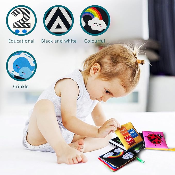 Soft Cloth Baby Book Toy 0-6 Months, Black White Baby Learning Book(Pack of 4),Touch and Feel Crinkle Book Infants 6-18 Months,Early Educational Toy 0-3 Months, Gift for Babies Infants