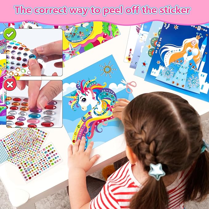 Marlrin Gem Sticker Kit for Kids, 8 Unicorn Princess Themes, Crafts Kits for Girls Ages 4-8, Arts & Crafts Toys, Diamond Art Kits for Kids - Birthday and Christmas Gift for Girls Ages 3, 4, 5, 6, 7, 8