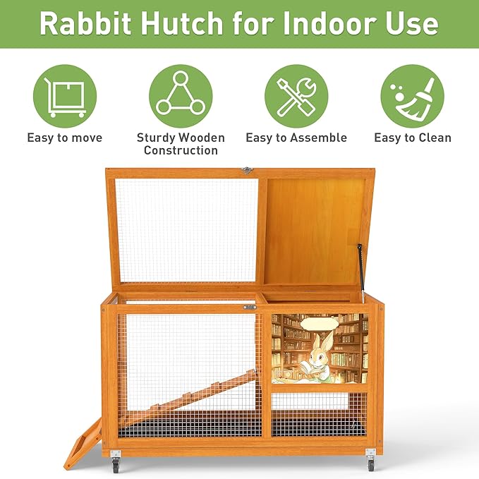 COZIWOW 36.5-Inch Double-Decker Wooden Rabbit Hutch with Wheels, Featuring A Cleaning Tray and Ladder—Stylish and Easy to Assemble（Orange and Pattern）
