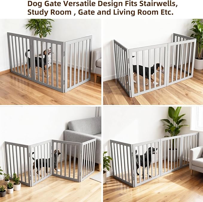 ZJSF Freestanding Indoor Dog Gate for House Foldable Wood Grey Puppy Gate for Doorways Pet Gate for Stairs Extra Wide Pet Fence 32" Height 3 Panels