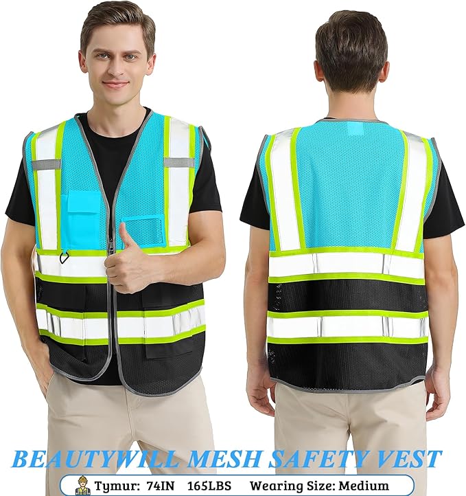 BeautyWill Custom Safety Vest Customized Logo Mesh Vest Class2 High Visibility Reflective Vest with Pockets Workwear（LightBlue Black，XXL ）
