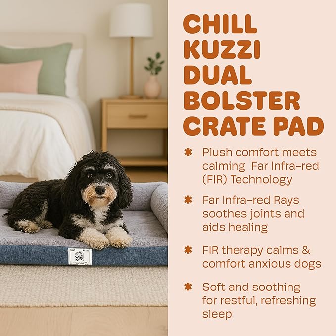 Dog Gone Smart Chill Kuzzi Dual Bolster Crate Pad - Washable Dog Bed Infused with Far Infrared Rays (FIR) Supportive Plush Cushion for Crates, Travel, and Recovery - Slate Blue, Medium 18 x 29 Inches