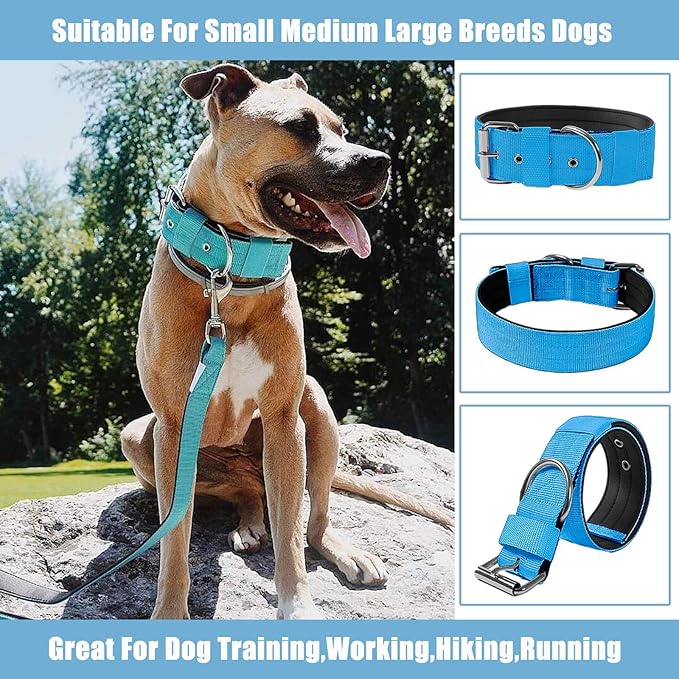 Heavy Duty Tactical Dog Collar - 1.5" Width Military Durable Thick Nylon with Adjustable Metal D Ring & Buckle Working Training K9 Collar for Medium Large Dogs (L(20"-23"), Light Blue)