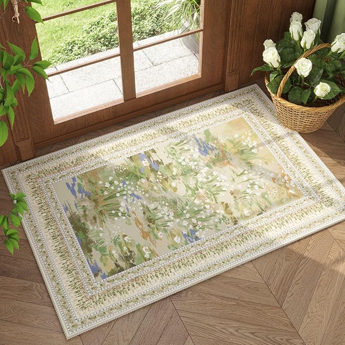 2x3 Rug Impressionist-Style Vintage Indoor Door Mat Machine Washable Small Area Rug Non-Slip Low Pile Throw Rugs for Entryway Kitchen Front Door Indoor Entrance Entry Kids Room, Beige