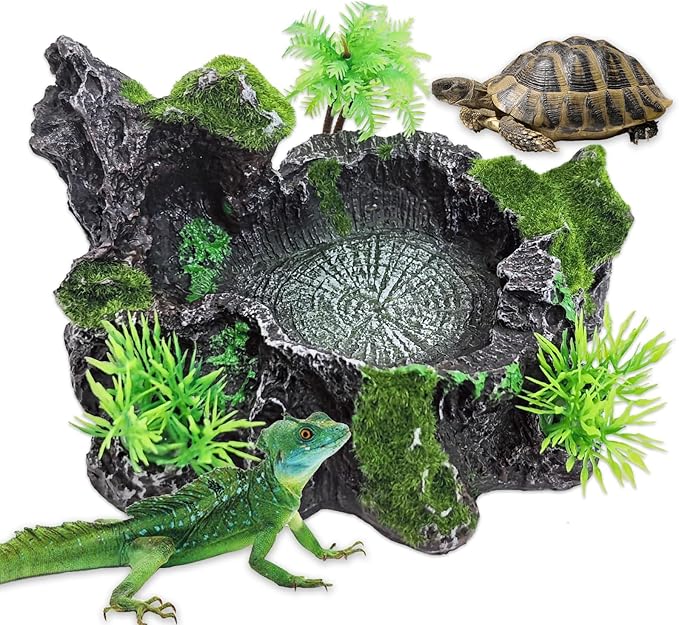 PINVNBY Reptile Water Dish, Crested Gecko Food Dish, Artificial Plants and Moss Reptile Food Water Bowl for Bearded Dragon, Lizards, Geckos, Turtle, Hermit Crab, Snake (with Moss)