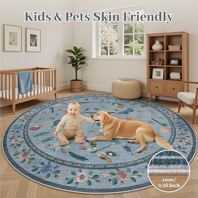 4ft Washable Round Rug - Bug Rugs for Living Room Non-Slip Low Pile Soft Ultra-Thin Machine Washable Circle Carpet for Bedroom, Entryway, Nursery, Kitchen, Home Office (4' Round Blue)
