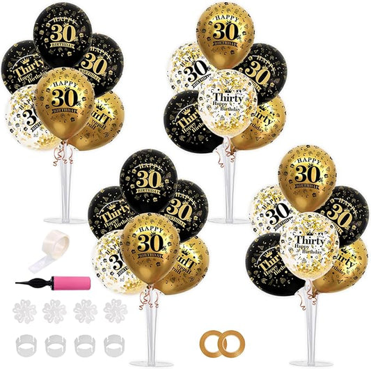 TONIFUL 4 Set Black Gold Balloon Stand Kit for Birthday Decorations for 30th,Balloon Centerpieces for Table Party Decorations Cheers to 30 Years Old Birthday for Men and Women