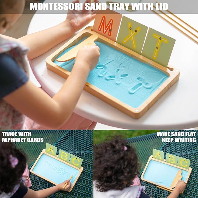 Montessori Sand Tray with Lid - Wooden Sand Trays for Kids Writing Letters and Numbers, Preschool Classroom Must Haves, Kindergarten Learning Tools (Blue)
