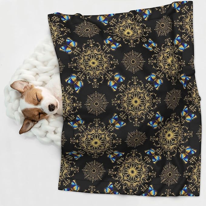 Reversible Plush Throw for Dogs and Cats, Colorful Mandala Art Flower Tie Dye, Double Sided Blanket with Nubby Dot Side and Sleek Side Ideal for Cuddling Nesting Security