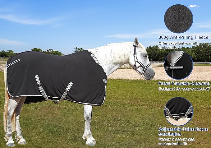 Horse Fleece Cooler, Blanket Liner - 300g Anti-Pilling Fleece, Moisture-Wicking, Cooling & Drying for Post-Workout, Bath & Travel, Prevent Overheating & Chilling Black 75