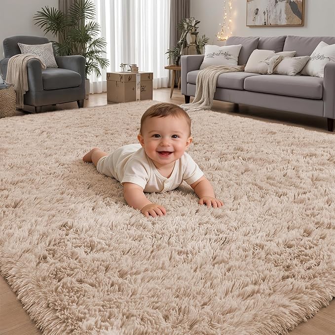Area Rug for Living Room Bedroom: 6x9 Camel Soft Fluffy Shag Upgrade Non-Slip