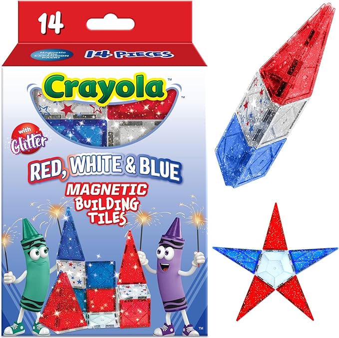 CreateOn Crayola Red, White & Blue Magnetic Tiles 14pc, Building Set for Kids, Magnetic Toy, Travel Toys, Classroom Sensory Toy Blocks, STEM & Montessori Tools for Boys & Girls Ages 3+, 14-Piece Set