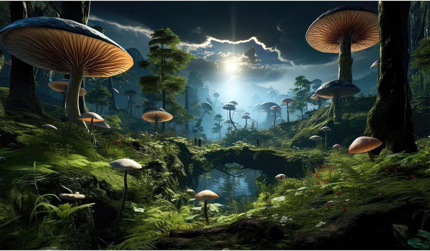 Fantasy Mushrooms Landscape Aquarium Background Tranquil Stream Cloudy Sky Terrarium Background Lush Green Tropical Plants Trees Fish Tank Backdrop Decoration Tank Background Poster 30x18in