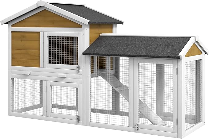 PawHut 58" Rabbit Hutch, Wooden Bunny Hutch, Guinea Pig Cage, Small Animal Enclosure with Run Area, Removable Tray, Asphalt Roof, Lockable Doors and Ramp, Nature Wood