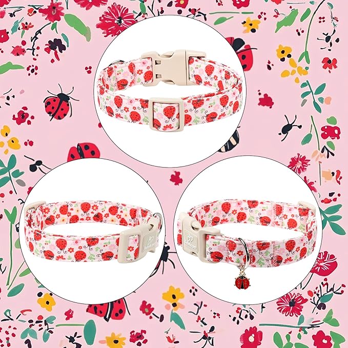 Lucky Ladybug Dog Collar for Small Dogs - Sweet Pink Girl Dog Collars, Lightweight Adjustable Spring Garden Mom Dogs Collars with Quick Release Buckle S