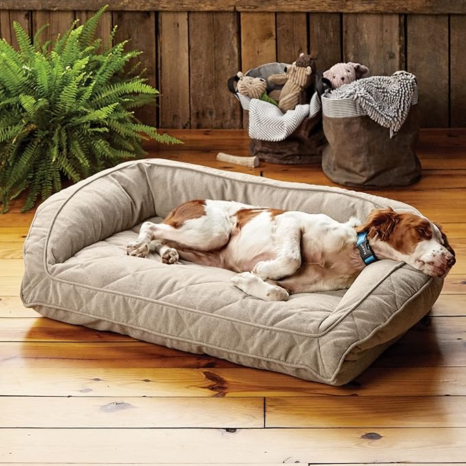 Orvis ComfortFill-Eco Bolster Dog Bed - Plush Rectangular Dog Beds with Three-Sided Bolster for Leaning, Heathered Khaki - M