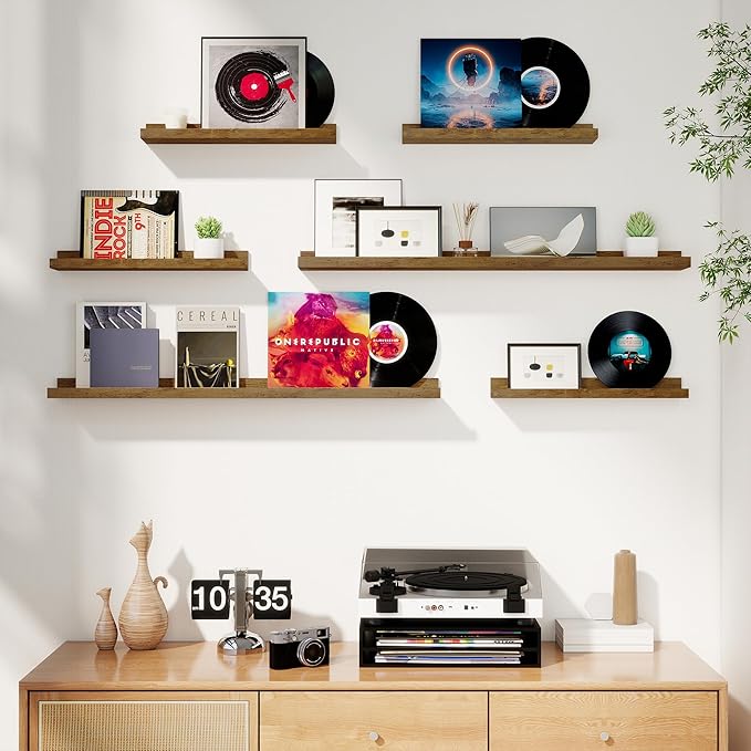 Axeman Picture Ledge Shelf, Floating Shelves for Wall Storage Set of 6, 36 inch Floating Wall Mounted Shelves, Wall Shelves with Lip for Living Room, Bedroom, Nursery, Bathroom, Kitchen, Rustic Brown