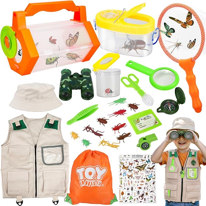 TOY Life Kids Explorer Bug Catcher Kit with Safari Costume, Binoculars Kids Outdoor Toys, Bug Toys, Butterfly Net, Camping Set Outdoor Activities Adventure Kit Nature Exploration Gifts Kid Ages 3-12