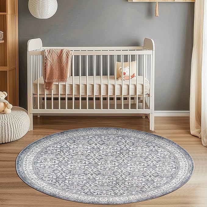 jinchan Round Rug 5ft Washable Circle Soft Rug - Low Pile Vintage 5'Round Indoor Grey Floral Print Stain Resistant Boho Carpet Ultra-Thin Non-Slip for Entryway Nursery Bedroom Dining Room Kitchen