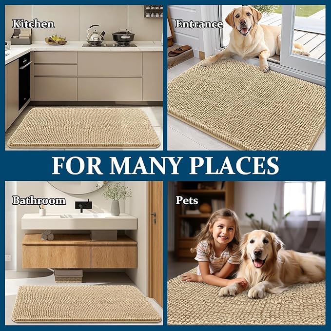 OLANLY Dog Door Mat Set 4-Piece 24x16, Absorbs Moisture and Dirt, Absorbent Non-Slip Washable Doormat, Quick Dry Chenille Mud Mat for Dogs, Entry Indoor Entryway Carpet for Inside Floor, Beige