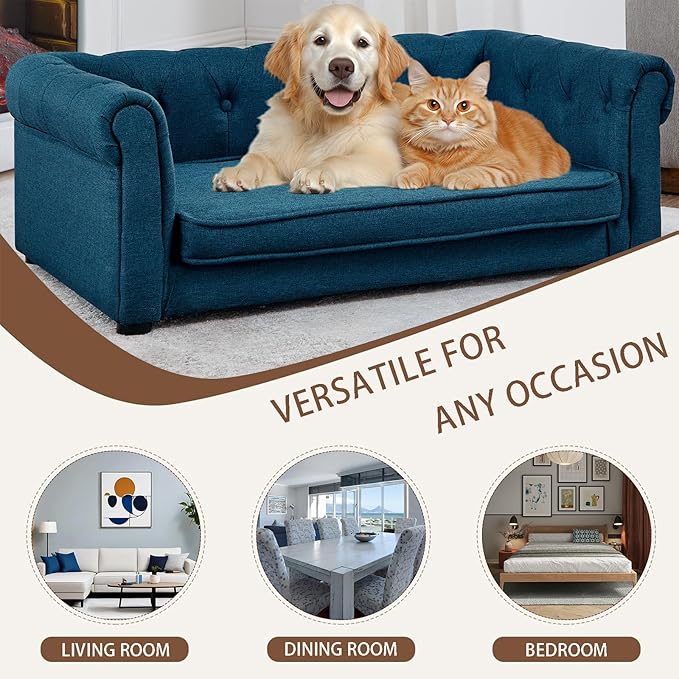 Elevated Rectangle Dog Sofa for Small & Medium Dogs - Comfortable Linen Fabric Dog Bed with Button Tufted Back, Durable Modern and Stylish Pet Bed for Living Room, Bedroom (Blue)