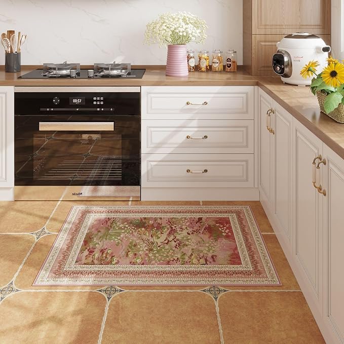 2x3 Rug Impressionist-Style Vintage Indoor Door Mat Machine Washable Small Area Rug Non-Slip Low Pile Throw Rugs for Entryway Kitchen Front Door Indoor Entrance Entry Kids Room, Pink