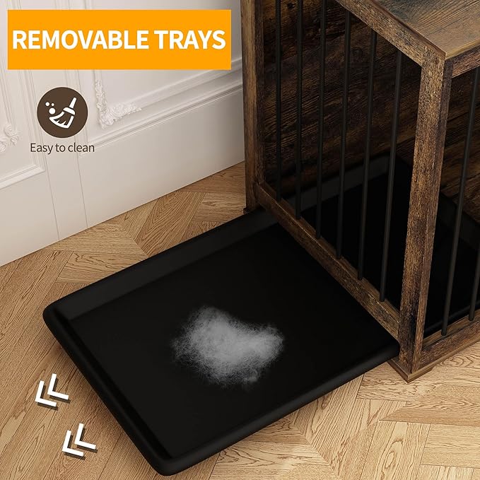 Large Funiture Style Dog Crate for 2 Dogs, 70" Wooden Dog Kennel Furniture with Removable Divider & 2 Trays, Indoor Heavy Duty Dog House w/Double Rooms for Large Medium Dogs, Brown
