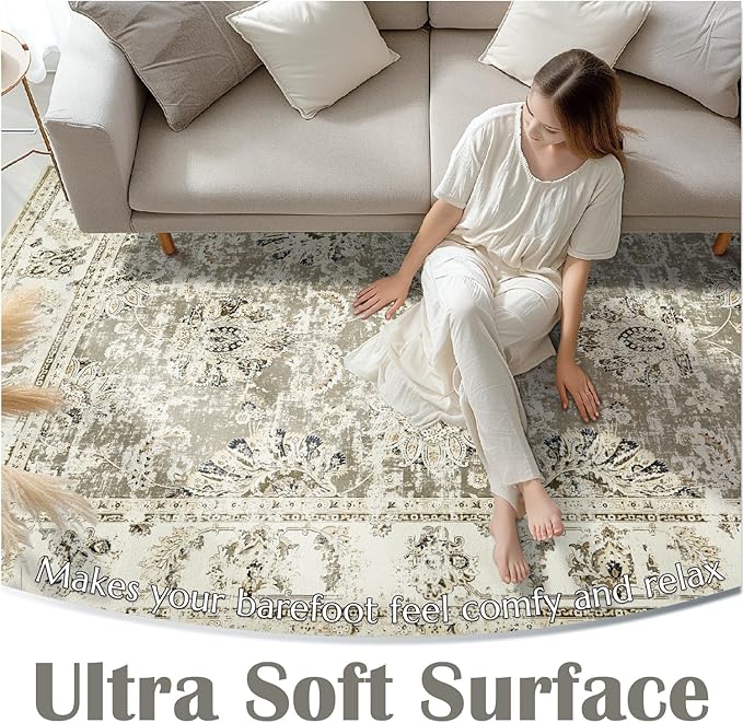 jinchan Washable Area Rug 4x6 Ultra-Thin Low Pile Non Slip Stain Resistant Soft Faux Wool Floral Rug Distressed Boho Vintage Carpet for Bedroom,Living Room,Dining Room,Kitchen,Nursery(Taupe, 4' x 6')