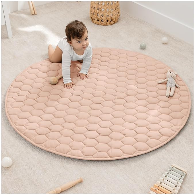 Comfy Cubs Round Kids Play Mat - Medium 48 inches Soft Quilted Baby Floor Mat with Non-Slip Bottom - Plush Design for Toddlers' Playtime and Relaxation - Comfortable and Durable - Blush