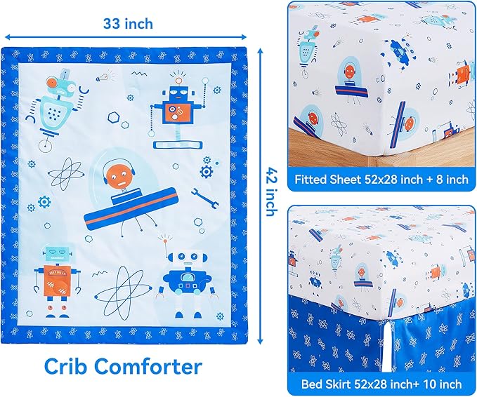 Viviland 3 Pieces Baby Bedding Set for Boy Girls, Baby Bedding Set for Newborn, Infant & Toddler - Robot
