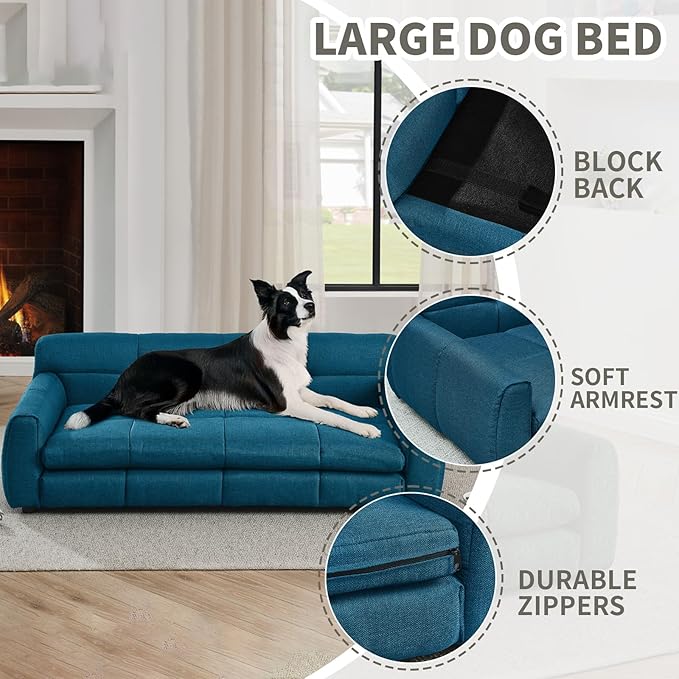 51" Soft and Comfortable Pet Bed for Large and Oversized Dogs, Durable Elevated Dog Sofa with Armrest and Backrest, Modern Linen Fabric Dog Couch, Dark Blue