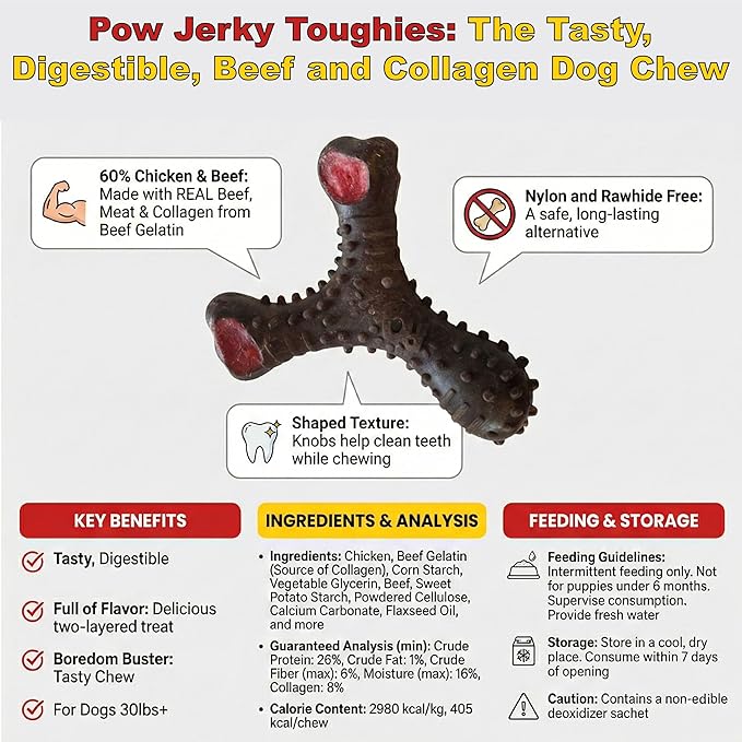 POW Jerky Toughies Tri-Bone Beef Dog Chew, Rawhide-Free & Nylon-Free, Real Beef & Collagen, Dental Texture, for Moderate Chewers and Dogs Over 30 lbs, 1 Count