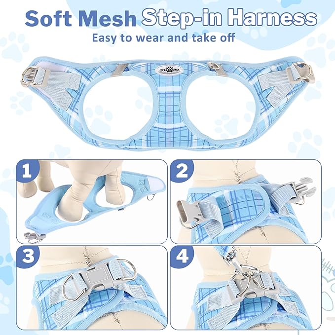 Gyuzh Dog Harness and Leash Set, 3-in-1 Step in No Pull Harness Vest Collar for Small Dogs & Cats, Lightweight Breathable Mesh Reflective Plaid with Padded Handle (Blue, L)