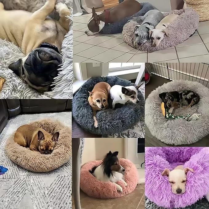 Calming Dog Bed for Small Dogs, Calming Donut Cuddler Pet Bed Anti Anxiety Round Dog Bed Fluffy Plush Faux Fur Cat Bed,Gradient Grey,15.7IN