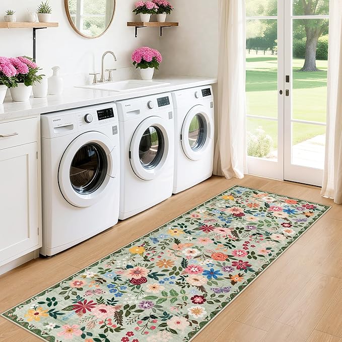 Runner Rug for Entryway: 2.6x8 Kitchen Rugs Non Slip Washable Ultra-Thin Soft Floral Carpet Indoor Floor Stain Resistant Carpets for Hallway Bedroom Kitchen Laundry Bathroom Dorm Green