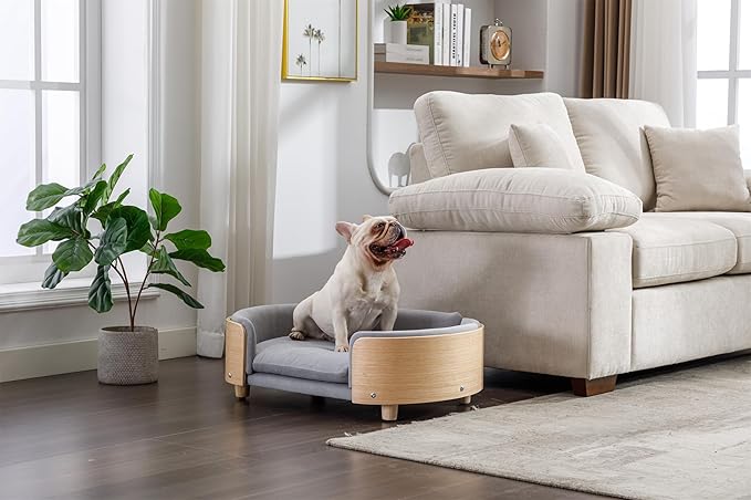 Dog Crate Furniture Elevated Pet Sofa Bed with Solid Wood Legs - Mid Size Indoor Dog House Kennel Cage for Medium Dogs,LIGHTGREY