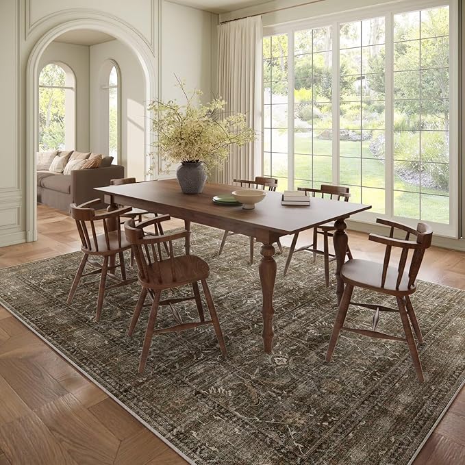 Washable 8x10 Area Rugs for Living Room, Boho Non-Slip Silicone Backing Rugs for Bedroom Dining Room Nursery Office, 0.3" Neutral Oriental Throw Carpet with 0.16" Cushioning Pad, Deep Brown/Multi