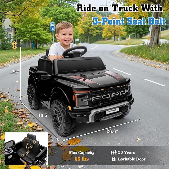 12V Ride on Car Licensed Ford F-150 Raptor, Kids Electric Car with Remote Control, LED Light/Music/MP3, Truck Bed Storage, 3-Point Seat Belt (12V, Black)