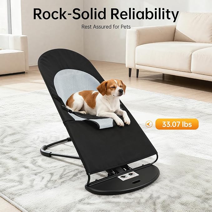 Pet Rocking Chair, Portable Foldable Pet Rocker Bed with 3-Level Adjustable Height, No Assembly Required Breathable Pet Lounger for Small Dogs & Cats Under 33lbs (Black)