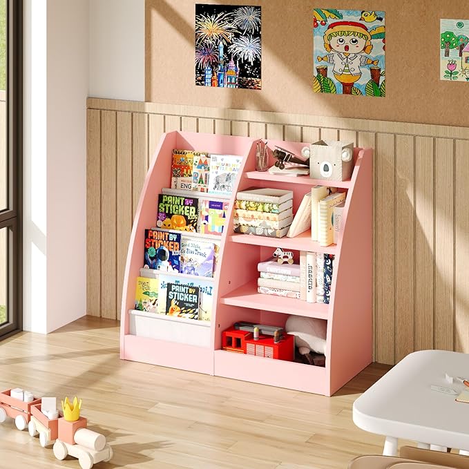4 Tier Kids Bookshelf Set of 2,4 Layer Sling Kids Book Shelf for Kids Rooms,Wood Children Bookcase,Baby Storage Book Rack,Toddler Bookshelf, Book and Toy Organizer,Book Display Shelf for Nursery