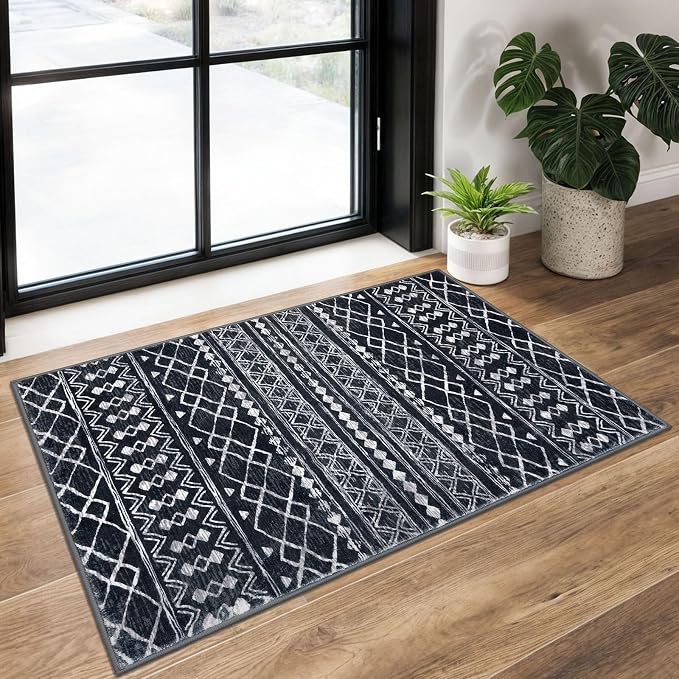 KUTA Moroccan Boho Entryway Rug, 2x3 Black Entrance Small Area Rug Non-Slip