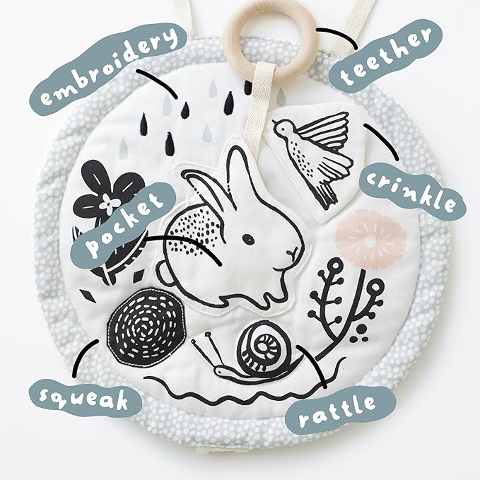 Wee Gallery Meadow Activity Pad Organic Baby Play Mat with Sensory Toys, High Contrast Newborn Essentials Soft Tummy Time Mat for Babies 0-12 Months, Visual and Motor Skill Development Toy