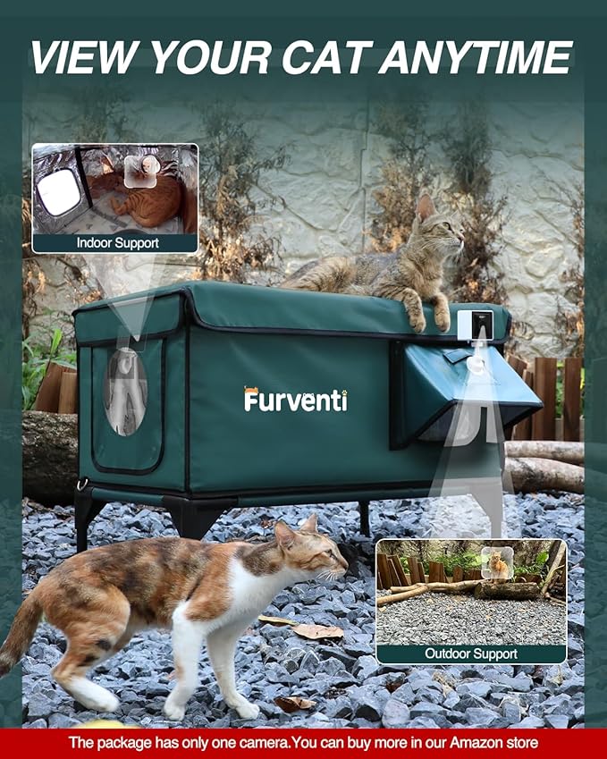 Outdoor Heated Cat House in Winter,Extremely Insulated & Weatherproof,Elevated Feral Cat Shelter with Waterproof Eaves & Escape Door for Outside Stray Barn Cat (Dark Green, L with Cam)