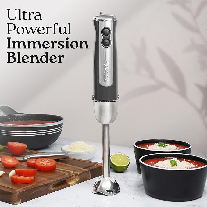 Zulay Immersion Stick Mixer Hand Blender - 800 Watts, Turbo Mode, 5-ft Power Electric Cord, Handheld Portable, Stainless Steel Blades - For Effortless Blending Smoothie, Soup, Baby Food, Puree - Gray